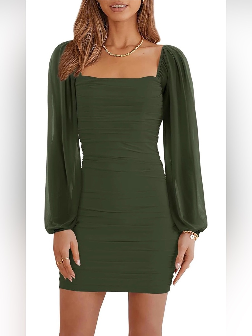 Olive Green Ruched Bodycon Mini Dress Sheer Balloon Sleeves XS